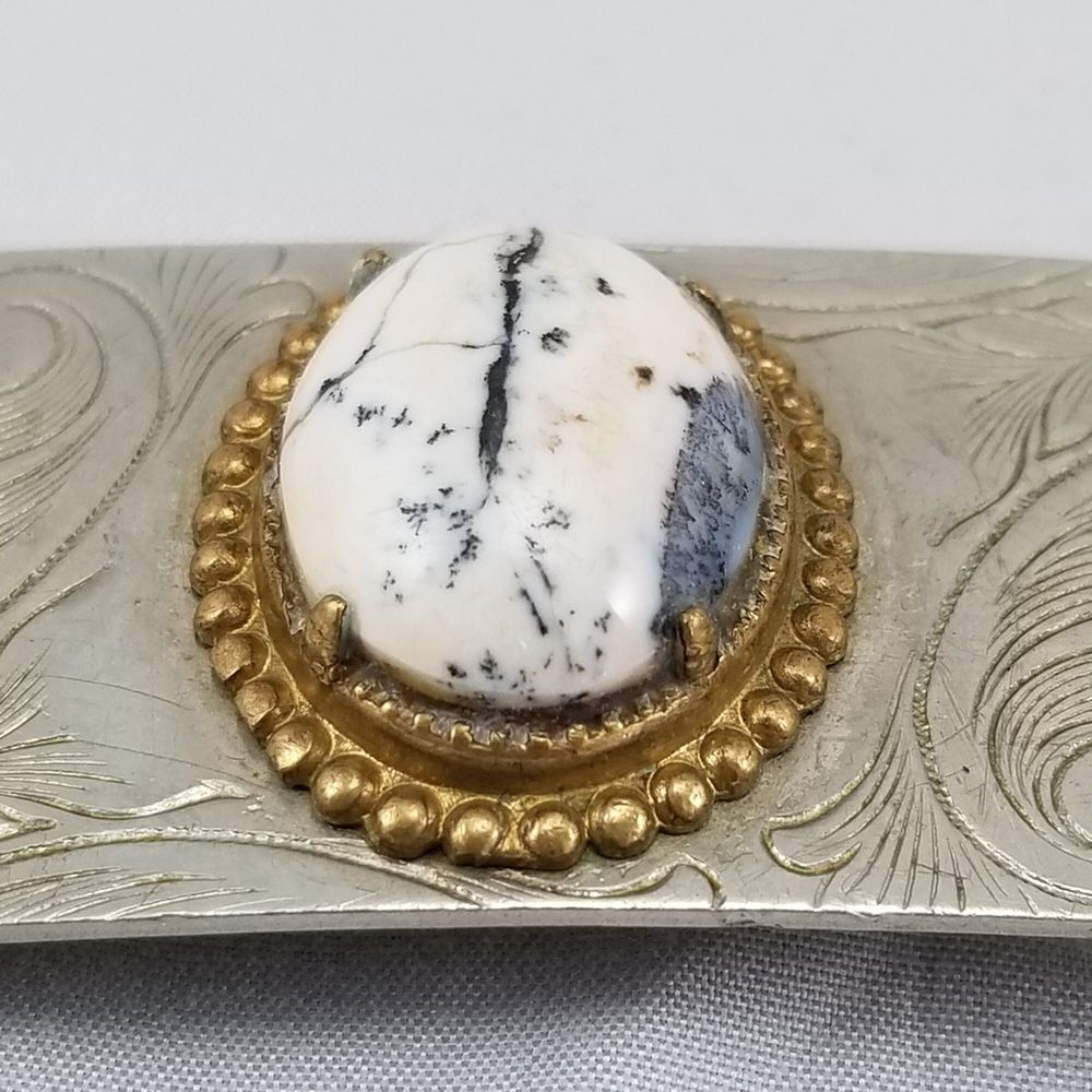 White Buffalo Vintage Belt Buckle Nickel Silver Filigree Western Cabochon - Picture 8 of 9